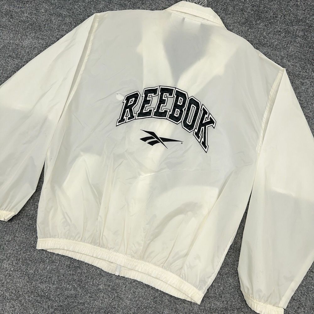 Vintage Reebok Windbreaker Jacket Mens S White Full Zip Nylon Big Logo Track 90s